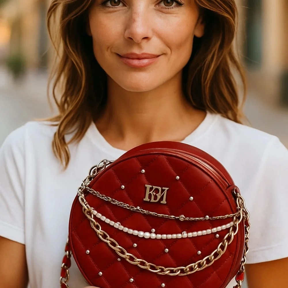 Badgley Mischka Red Quilted Mini Bag with Chain and Pearl Accents - Picture 4 of 4